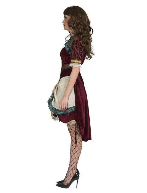 Steampunk jurk Victoria van opzij: opgenomen crème overrok met groene ruches en korte pofmouw