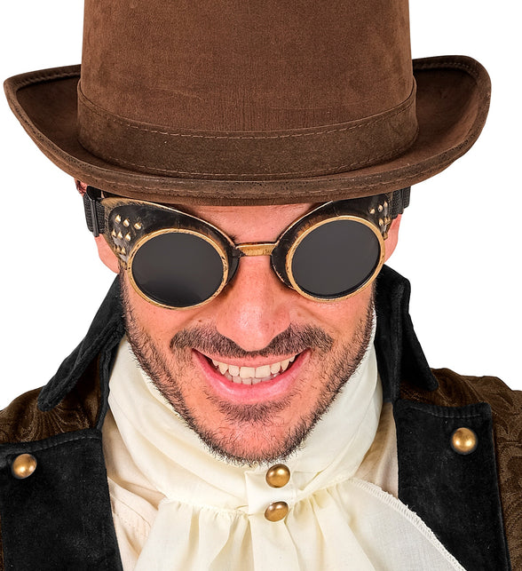 Steampunk stofbril antiek goud detail: goudkleurige rand rond twee ronde rookglazen