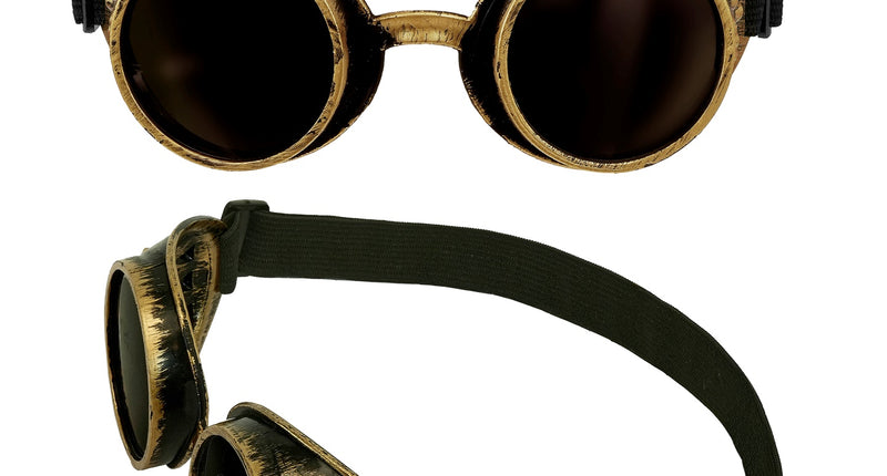 Steampunk stofbril antiek goud met ronde donkere glazen en zwarte verstelbare band