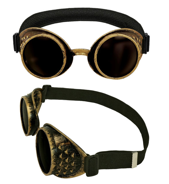 Steampunk stofbril antiek goud met ronde donkere glazen en zwarte verstelbare band