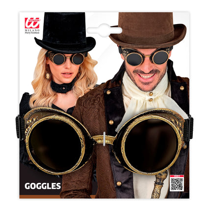 Steampunk stofbril antiek goud op de verpakking, gedragen door dame en heer met hoge hoed