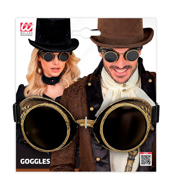 Steampunk stofbril antiek goud op de verpakking, gedragen door dame en heer met hoge hoed