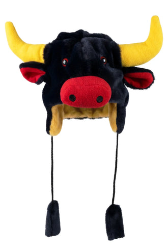 Stierenmuts Bullie Max in zwart pluche met gele hoorns, rode snuit en oorflappen met koordjes