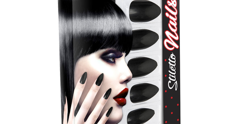 Stiletto nagels zwart in verpakking met zelfklevende zwarte plaknagels voor Halloween