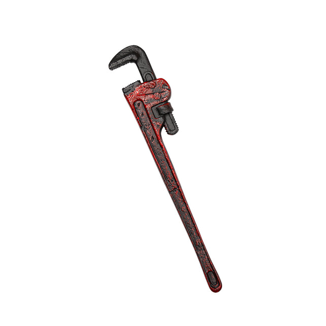 Stoere nep pijpsleutel in zwart met rode bloedspatten over de steel, horroraccessoire voor Halloween