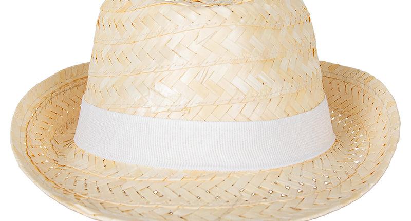 Strohoed Caribbean naturel met brede witte band en gevlochten visgraatpatroon, vooraanzicht
