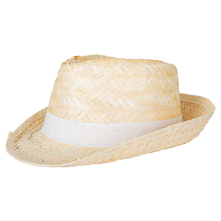 Strohoed Caribbean naturel van schuin opzij, trilbymodel met opgebogen rand voor een strandfeest