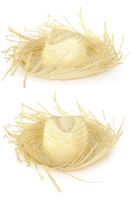 Strohoed met rafelrand naturel van gevlochten palmblad met ingedrukte bol en brede rand, voor een strandfeest