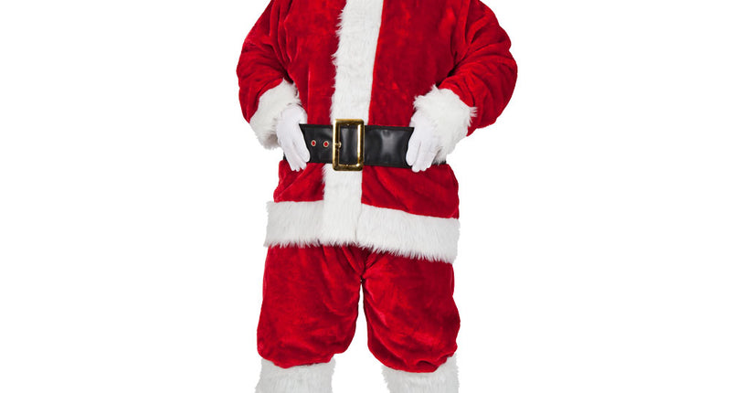 Super deluxe kerstkostuum in rood met witte pluche randen, riem, hoed, baard en laarskappen voor Kerst