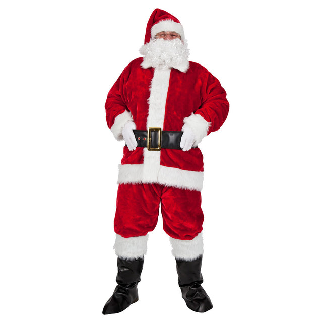 Super deluxe kerstkostuum in rood met witte pluche randen, riem, hoed, baard en laarskappen voor Kerst