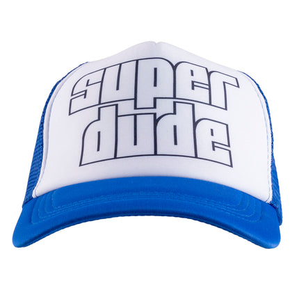 Super dude pet blauw wit met zwarte opdruk op wit voorpand en blauwe klep