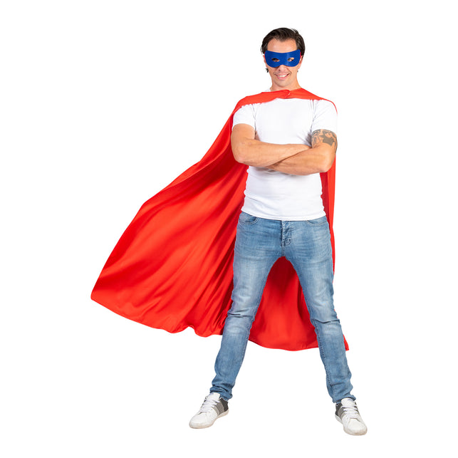 Super hero cape Reddy rood met halssluiting en blauw oogmasker voor een themafeest