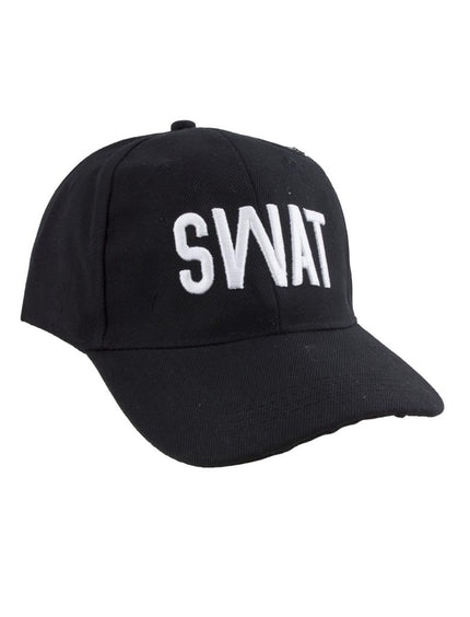 Swat pet zwart met witte SWAT-opdruk in reliëf en gebogen klep, voor een themafeest