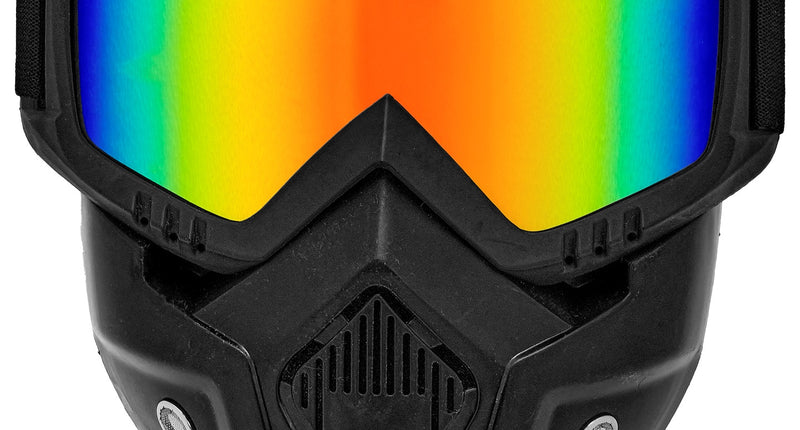 Tactisch masker met regenboog spiegelglazen, zwart mondstuk met ventilatierooster, vooraanzicht