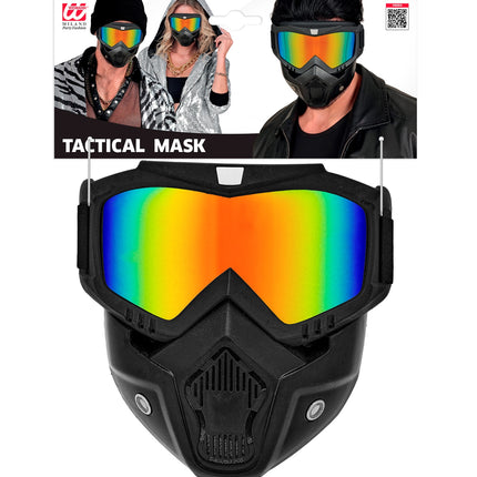 Tactisch masker regenboog in verpakking met zwarte bandjes aan de zijkanten