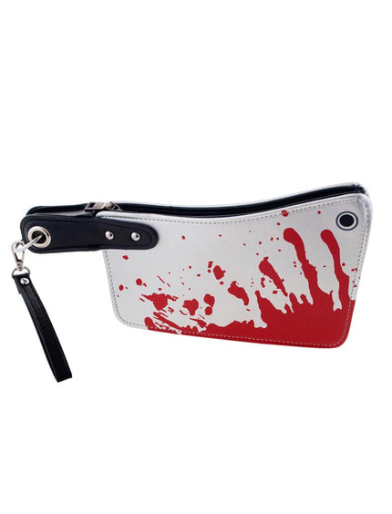 Tasje bloederig mes in hakmesvorm, wit met rode bloedspetters en zwarte draagband, voor Halloween