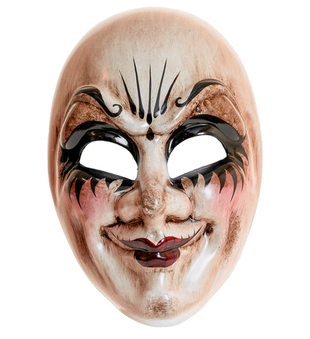 Theater masker enge man in huidtint met zwarte sierlijnen en rode lippen voor Halloween