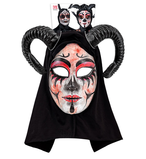 Theatermasker duivel Evi in verpakking, wit masker met rood-zwarte lijnen en zwarte hoorns