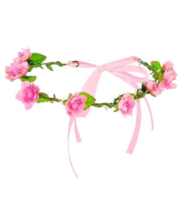 Tiara bloemen roze met roze bloesems, groene blaadjes en roze strikbanden, plat gelegd