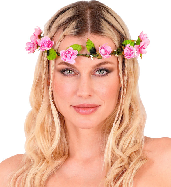 Tiara bloemen roze op het voorhoofd gedragen, acht roze bloesems met groene blaadjes