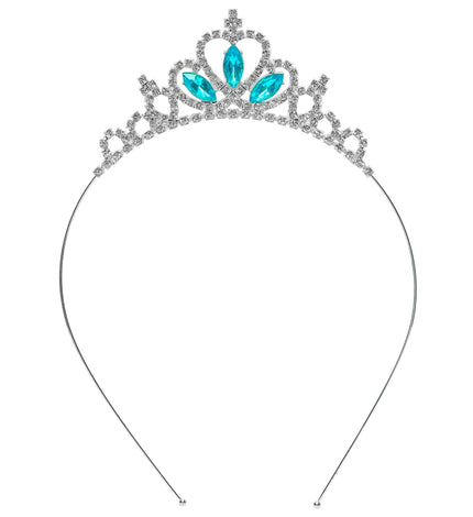 Tiara strass met blauw edelstenen, zilverkleurig kroontje met drie turquoise stenen op dunne haarbeugel