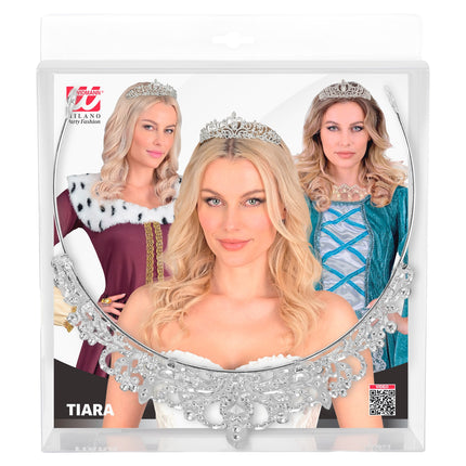 Tiara strass voor dames in verpakking, zilverkleurige haarkroon met metalen beugel