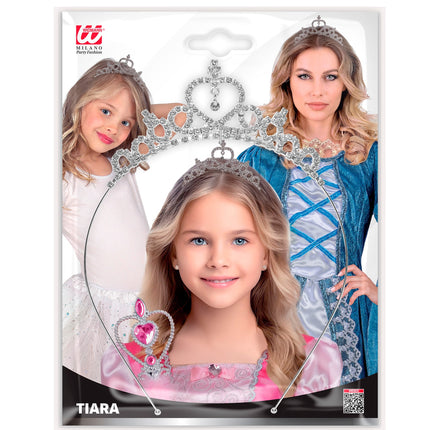 Tiara strass met hanger in verpakking, zilverkleurige diadeem voor meisjes en dames