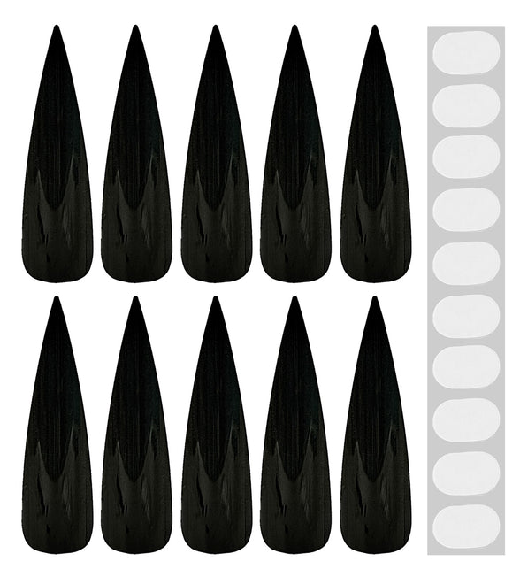 Tien losse zwarte plaknagels met lange stiletto-punt en zelfklevende pads voor een heksenlook