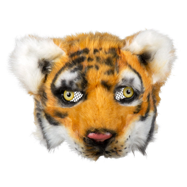 Tijger halfmasker van pluche los gezien, witte oren en gaas achter de gele ogen