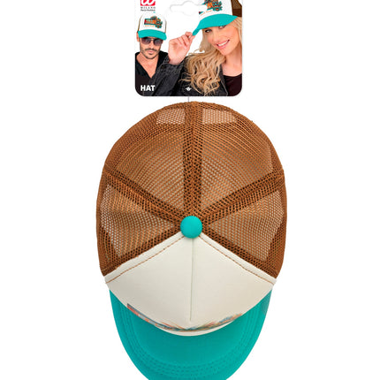 Tiki pet bovenaanzicht met bruin mesh, witte panelen en turquoise knoop bovenop