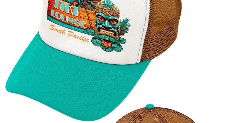 Tiki pet zomer party wit met turquoise klep, bruine meshachterkant en Tiki Lounge-print
