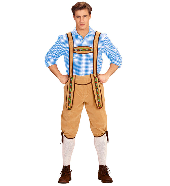 Tiroler broek beige met knoopjes op de bretels en siergalon langs de klep