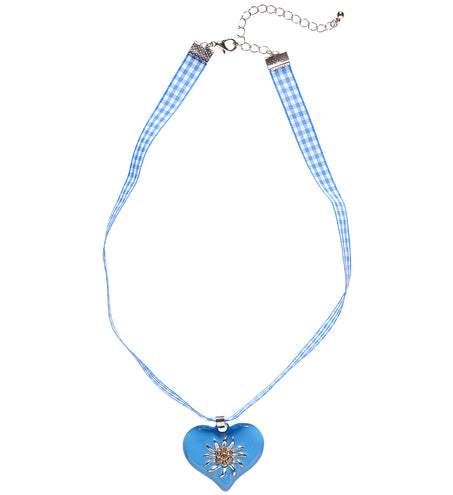 Tiroler halsketting met blauw-wit geruit lint en azuurblauw hartje voor Oktoberfest