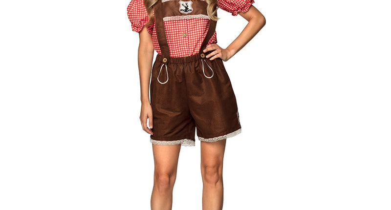 Tiroler kostuum Bettina dames: rood-wit geruit topje met bruine lederhosen, voor Oktoberfest