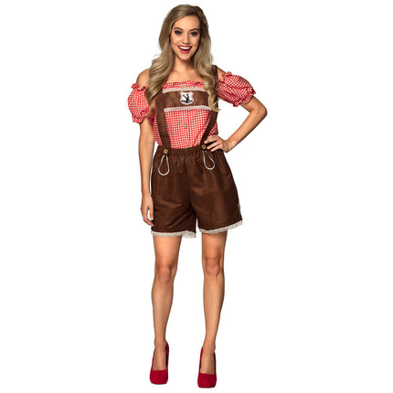 Tiroler kostuum Bettina dames: rood-wit geruit topje met bruine lederhosen, voor Oktoberfest