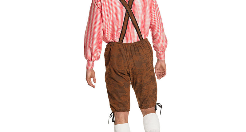 Tiroler kostuum heren van achteren met gekruiste bretels en bruine lederhosen