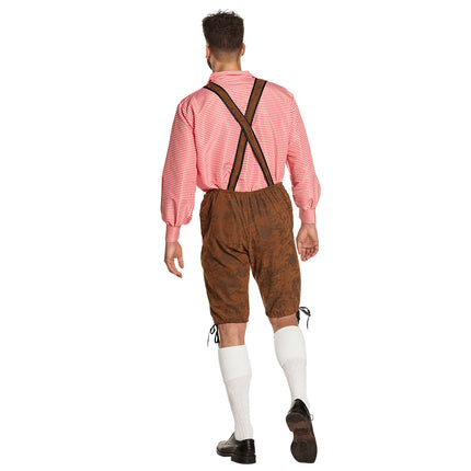 Tiroler kostuum heren van achteren met gekruiste bretels en bruine lederhosen