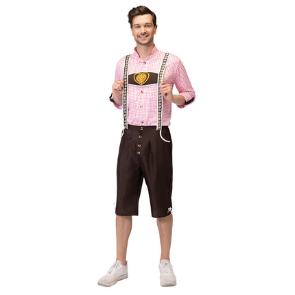 Tiroler kostuum heren Herr Schmidt met roze geruit shirt en bruine kniebroek met bretels voor Oktoberfest