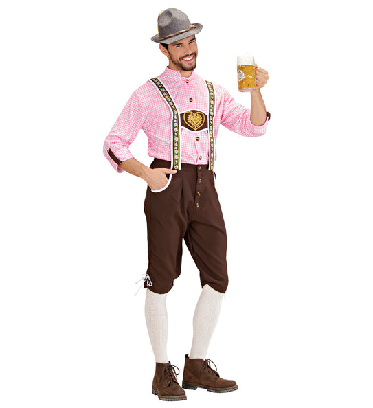 Tiroler oktoberfest kleding Mario schuin gezien, bruine kniebroek met witte biezen en knoopsluiting