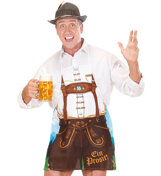 Tiroler schort Lederhose Alex met bruine bretels en Beiers wapen, gedragen door man met bierpul op Oktoberfest