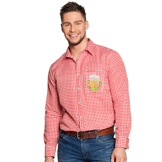 Tiroler shirt heren rood-wit geruit met bierpul-opdruk op de borstzak, voor Oktoberfest