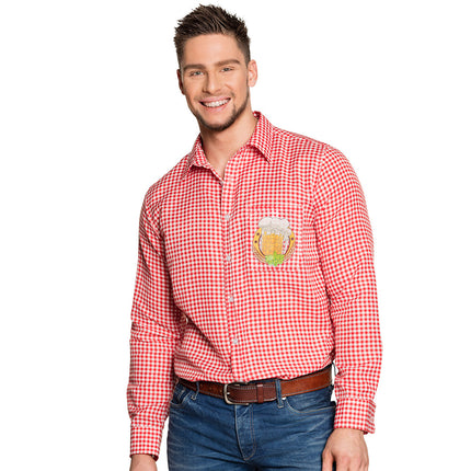 Tiroler shirt heren rood-wit geruit met bierpul-opdruk op de borstzak, voor Oktoberfest