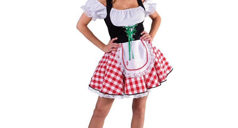 Tiroolse Ida dirndljurkje dames, rood-wit geruit met zwart lijfje en wit schortje, voor Oktoberfest