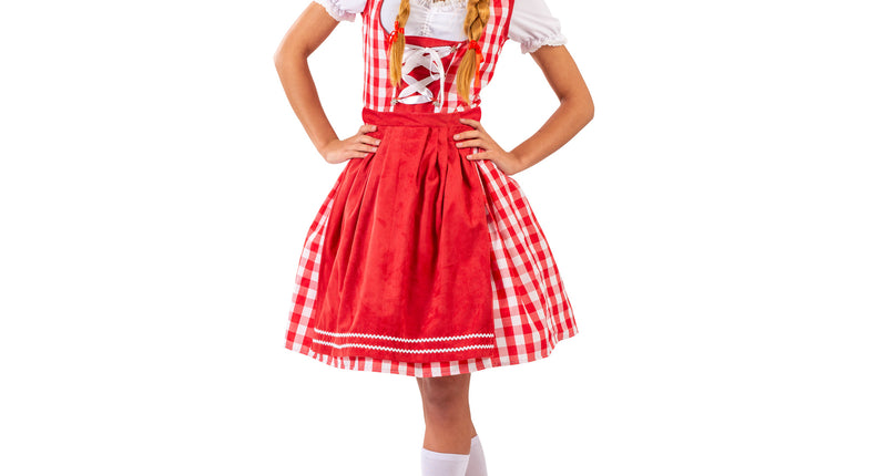 Tiroolse Odette dirndl in rood-wit ruit met rode schort en wit shirt, dameskostuum voor Oktoberfest