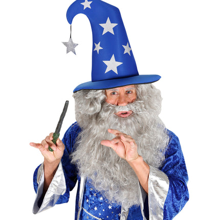 Tovenaarshoed blauw met sterren als magiërslook met grijze baard en toverstaf