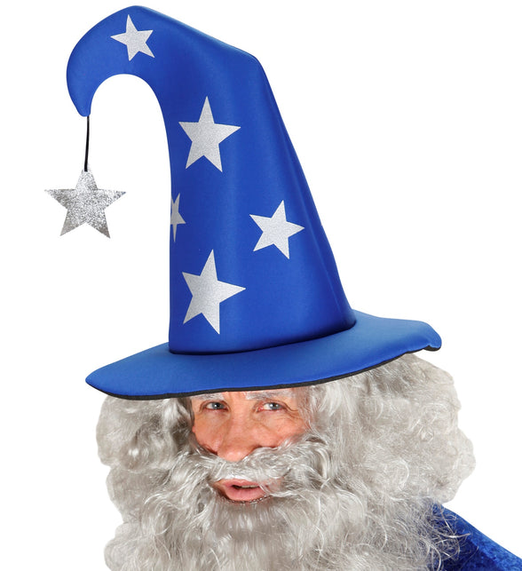 Tovenaarshoed blauw met sterren met zwarte bies langs de brede rand, gedragen door heren