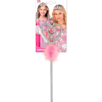 Toverstaf prinsessen met marabou in verpakking, zilveren scepter met roze hart en marabou