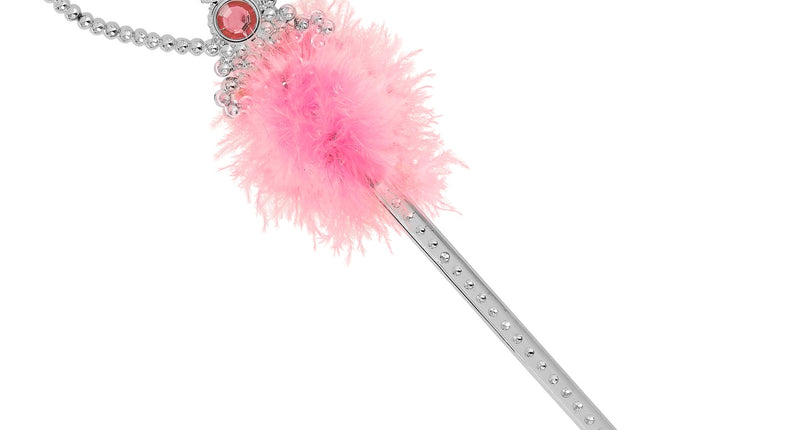 Toverstaf prinsessen met marabou, zilveren staf met roze hartsteentjes en pluizige roze veren