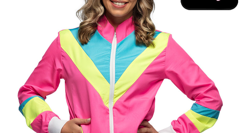 Trainingsjasje neonroze met neongele en turquoise V-banen en witte rits, voor een jaren 80-feest