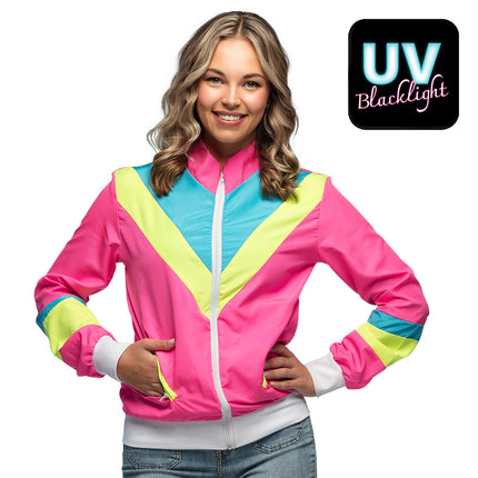 Trainingsjasje neonroze met neongele en turquoise V-banen en witte rits, voor een jaren 80-feest